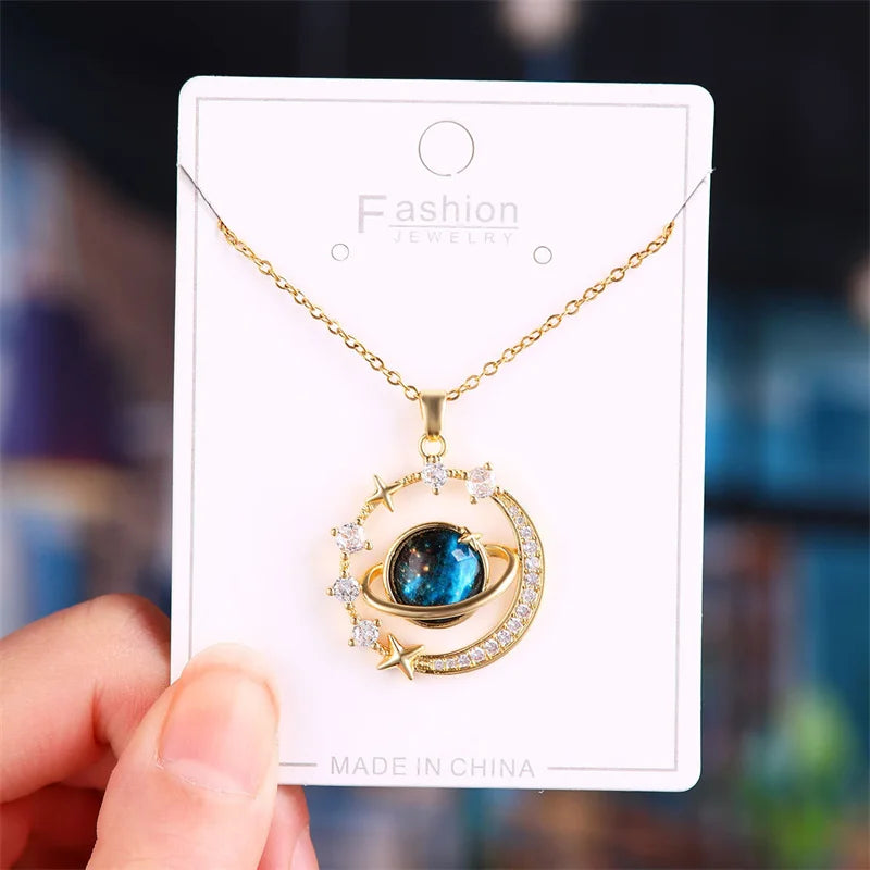 1PC Exquisite Blue Starry Sky Planet Pendant Necklace Light Luxury Zircon Stars And Moon Clavicle Chain Necklace Jewelry Gift 