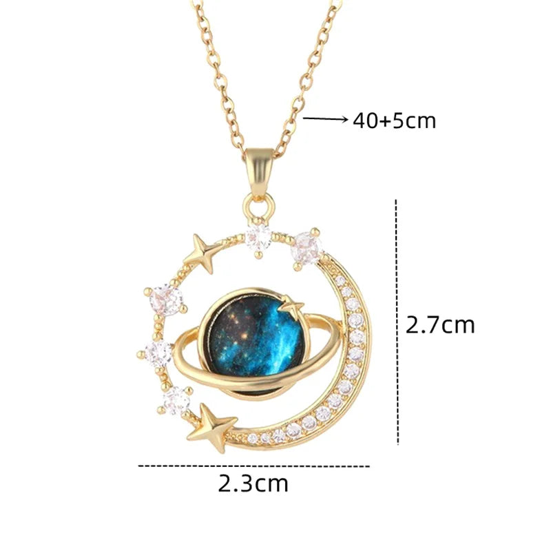 1PC Exquisite Blue Starry Sky Planet Pendant Necklace Light Luxury Zircon Stars And Moon Clavicle Chain Necklace Jewelry Gift 