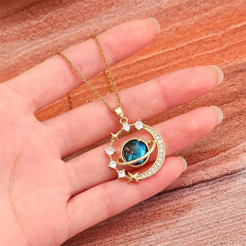 1PC Exquisite Blue Starry Sky Planet Pendant Necklace Light Luxury Zircon Stars And Moon Clavicle Chain Necklace Jewelry Gift 