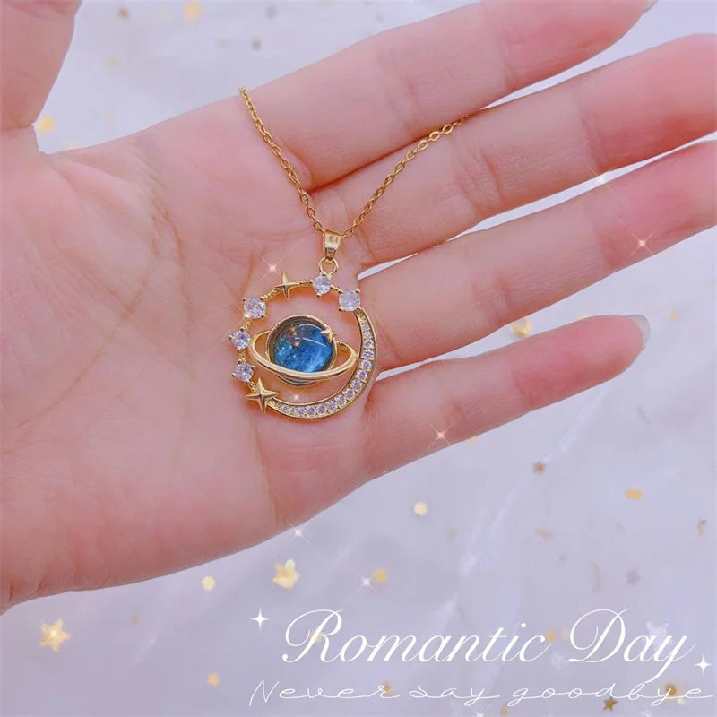 1PC Exquisite Blue Starry Sky Planet Pendant Necklace Light Luxury Zircon Stars And Moon Clavicle Chain Necklace Jewelry Gift 