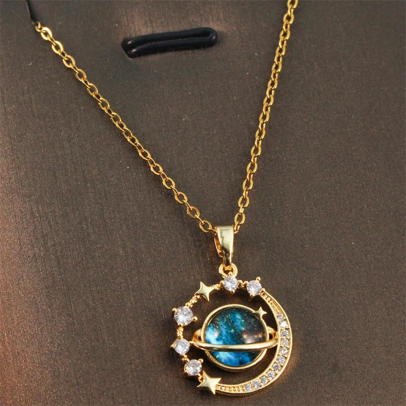1PC Exquisite Blue Starry Sky Planet Pendant Necklace Light Luxury Zircon Stars And Moon Clavicle Chain Necklace Jewelry Gift 