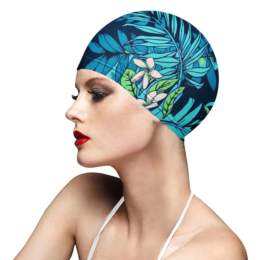 1PC Fashion Swimming Cap Men/Women Flowers Printed Long Hair Sports Swim Pool Bathing Hat Elastic Nylon Turban Sports Accessory
