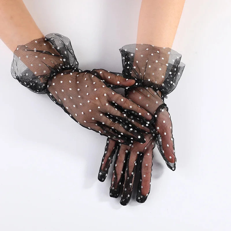 1pc Sexy Transparentes Dot Print Black White Mesh Tulle GloveSpring Summer Thin Short Glove Club Prom Party Dancing Dress Glove