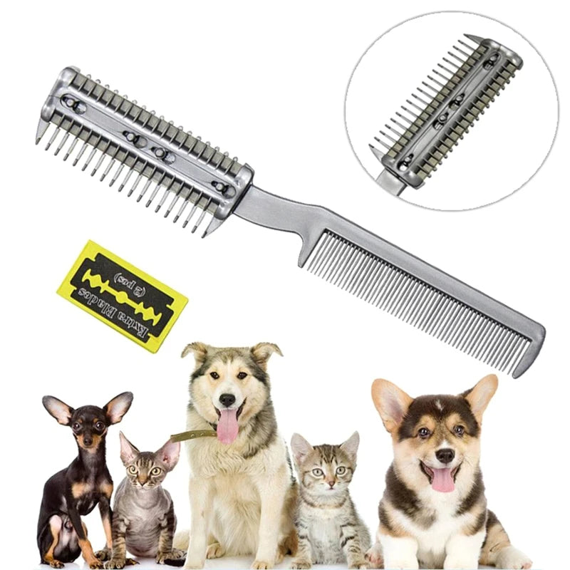 2-in-1 Professional Pet Grooming Razor Comb Plastic Trimmer for Dogs Cats with 2pcs Metal Blades for Safe Grooming Pet Supplies