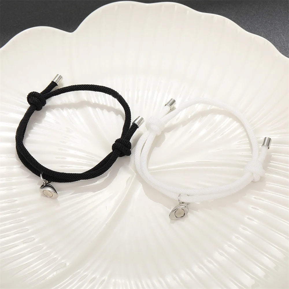 2Pcs/set Rope Braided Bracelet Alloy Magnet Attachment Couple Bracelet A Pair Of Simple Love Heart Bracelet Jewelry