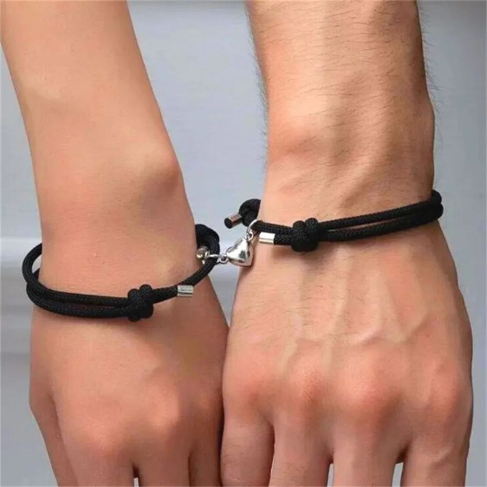 2Pcs/set Rope Braided Bracelet Alloy Magnet Attachment Couple Bracelet A Pair Of Simple Love Heart Bracelet Jewelry