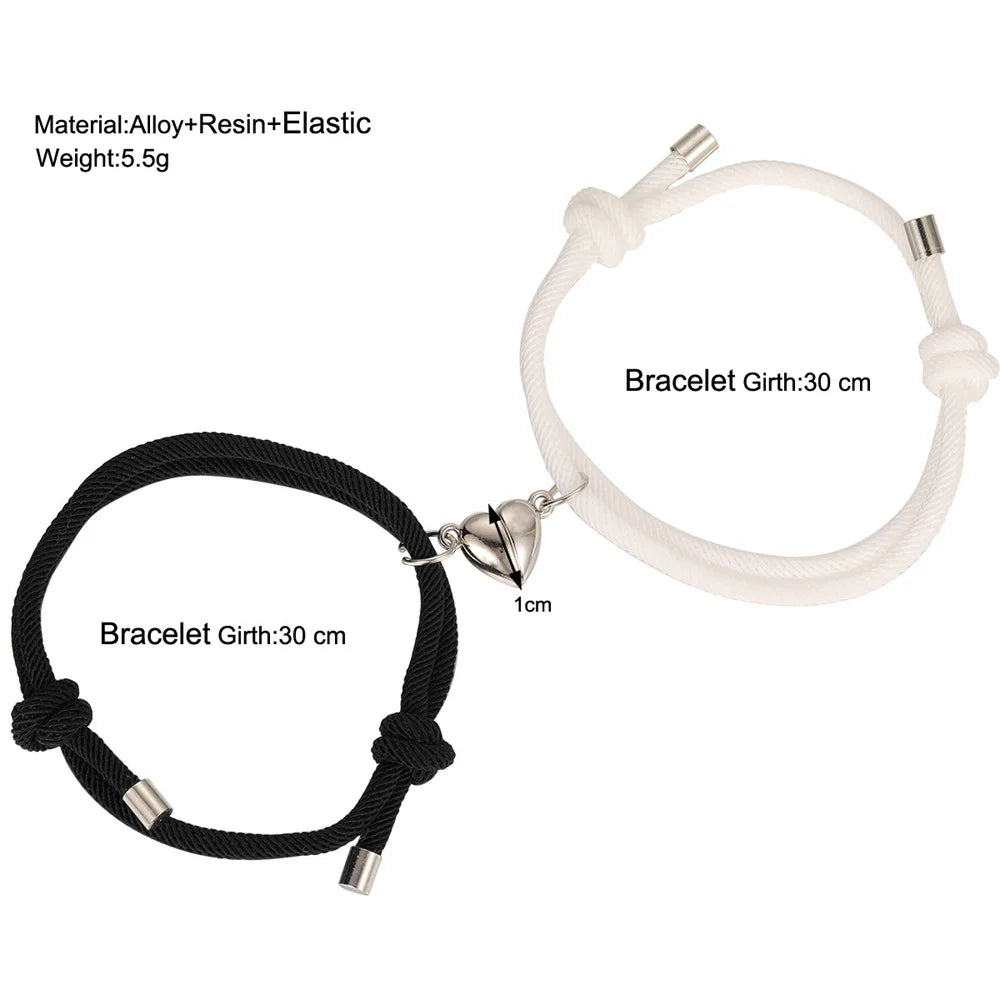 2Pcs/set Rope Braided Bracelet Alloy Magnet Attachment Couple Bracelet A Pair Of Simple Love Heart Bracelet Jewelry
