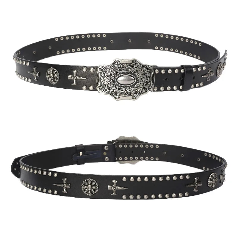 3.8CM Real Genuine Leather Vintage Metal Skull Punk Men Jeans Belt Stud Cowboy Strap Cinturon Ceinture Homme Riem Belts