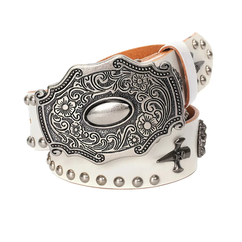 3.8CM Real Genuine Leather Vintage Metal Skull Punk Men Jeans Belt Stud Cowboy Strap Cinturon Ceinture Homme Riem Belts