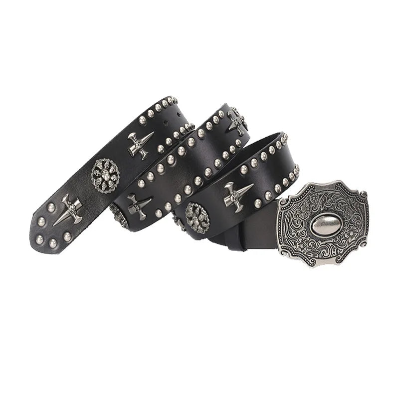 3.8CM Real Genuine Leather Vintage Metal Skull Punk Men Jeans Belt Stud Cowboy Strap Cinturon Ceinture Homme Riem Belts