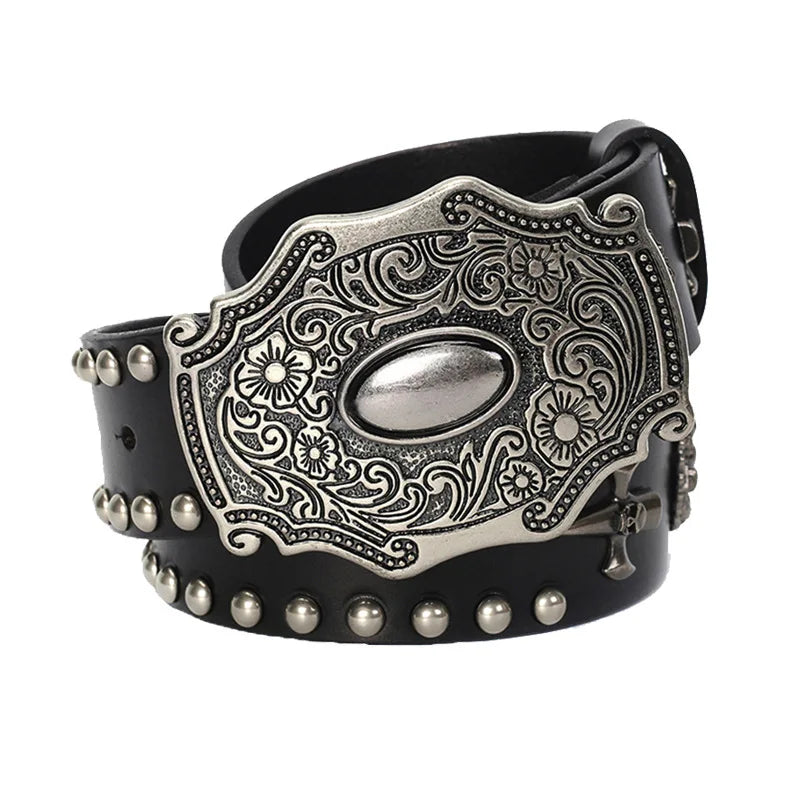 3.8CM Real Genuine Leather Vintage Metal Skull Punk Men Jeans Belt Stud Cowboy Strap Cinturon Ceinture Homme Riem Belts