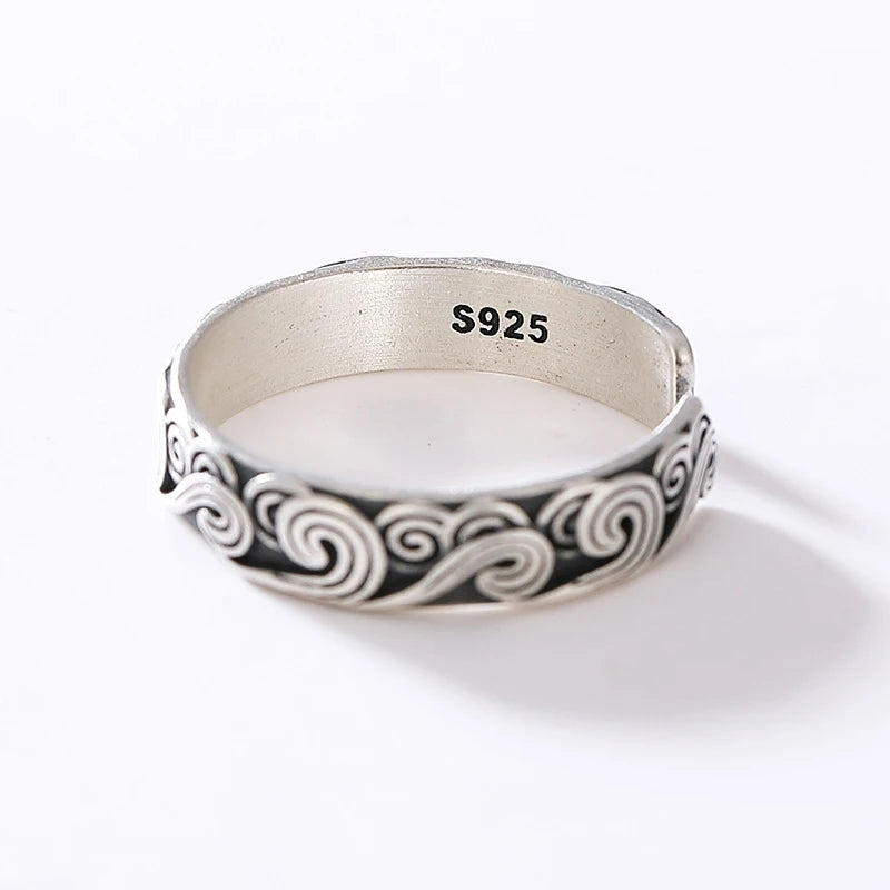 Chinese Style Buddhist Auspicious Cloud Pattern Ring Engraved Prayer Jewelry Gold/Silver Color Stainless Steel Ring for Men