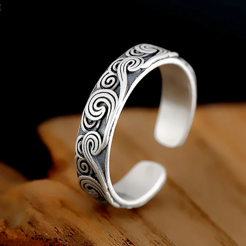 Chinese Style Buddhist Auspicious Cloud Pattern Ring Engraved Prayer Jewelry Gold/Silver Color Stainless Steel Ring for Men