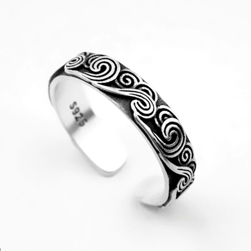 Chinese Style Buddhist Auspicious Cloud Pattern Ring Engraved Prayer Jewelry Gold/Silver Color Stainless Steel Ring for Men