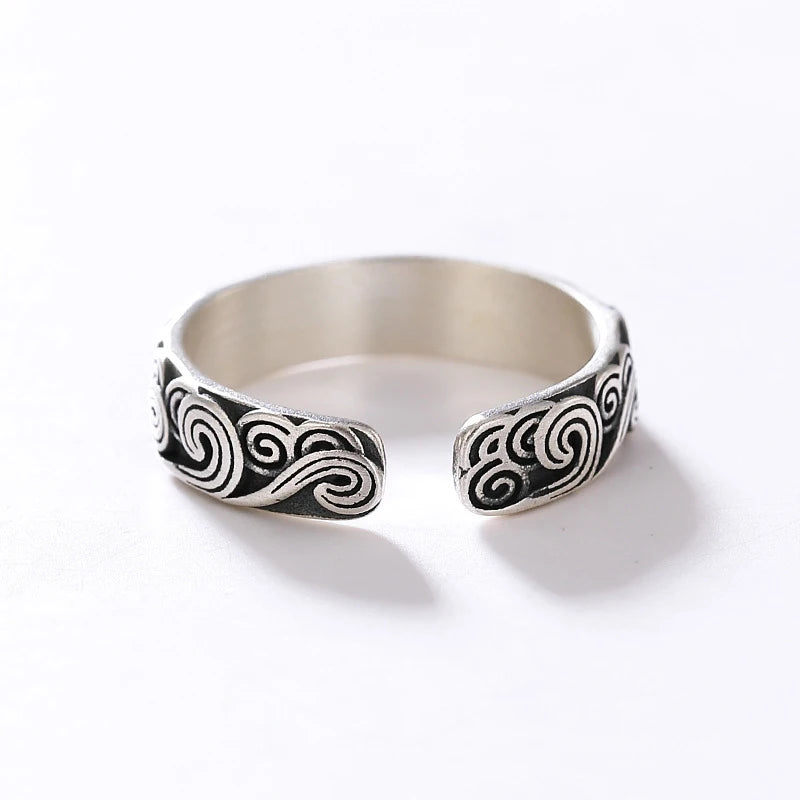 Chinese Style Buddhist Auspicious Cloud Pattern Ring Engraved Prayer Jewelry Gold/Silver Color Stainless Steel Ring for Men