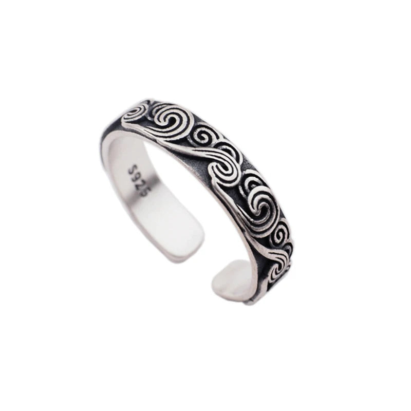 Chinese Style Buddhist Auspicious Cloud Pattern Ring Engraved Prayer Jewelry Gold/Silver Color Stainless Steel Ring for Men