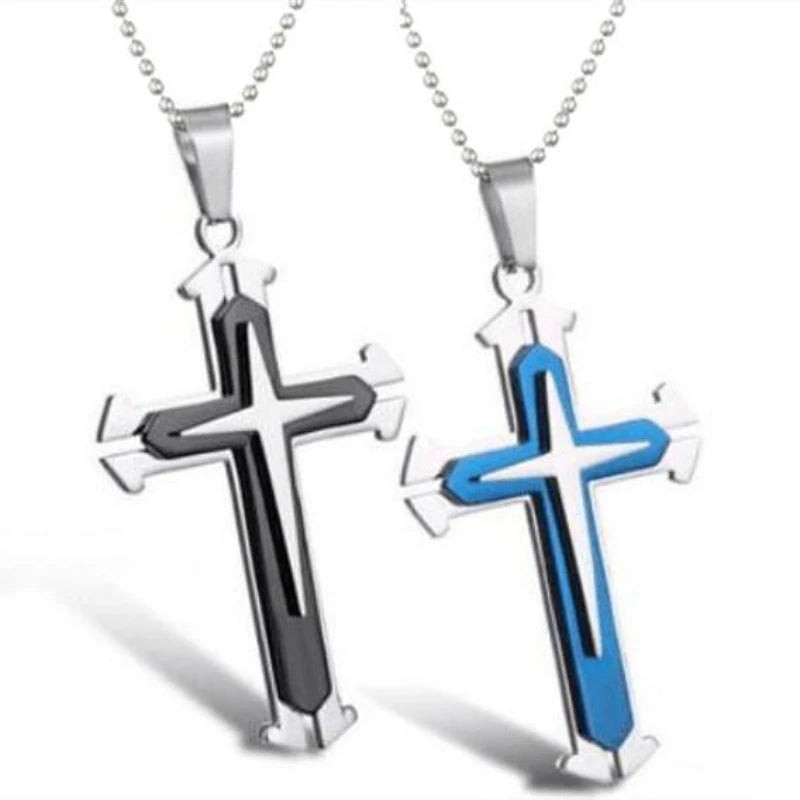 Classic Christian Jesus Three Layer Cross Necklace Men's Fashion Personality Lucky Rune Cross Pendant Exquisite Gift
