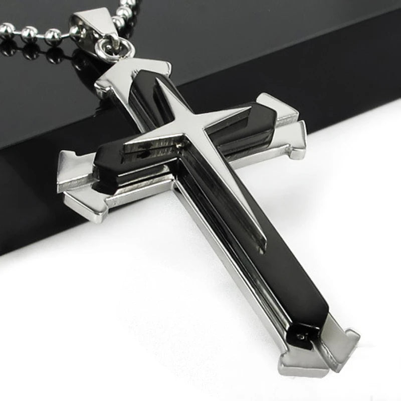 Classic Christian Jesus Three Layer Cross Necklace Men's Fashion Personality Lucky Rune Cross Pendant Exquisite Gift