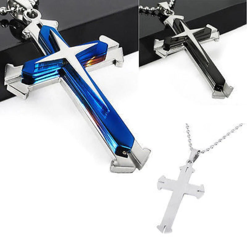 Classic Christian Jesus Three Layer Cross Necklace Men's Fashion Personality Lucky Rune Cross Pendant Exquisite Gift