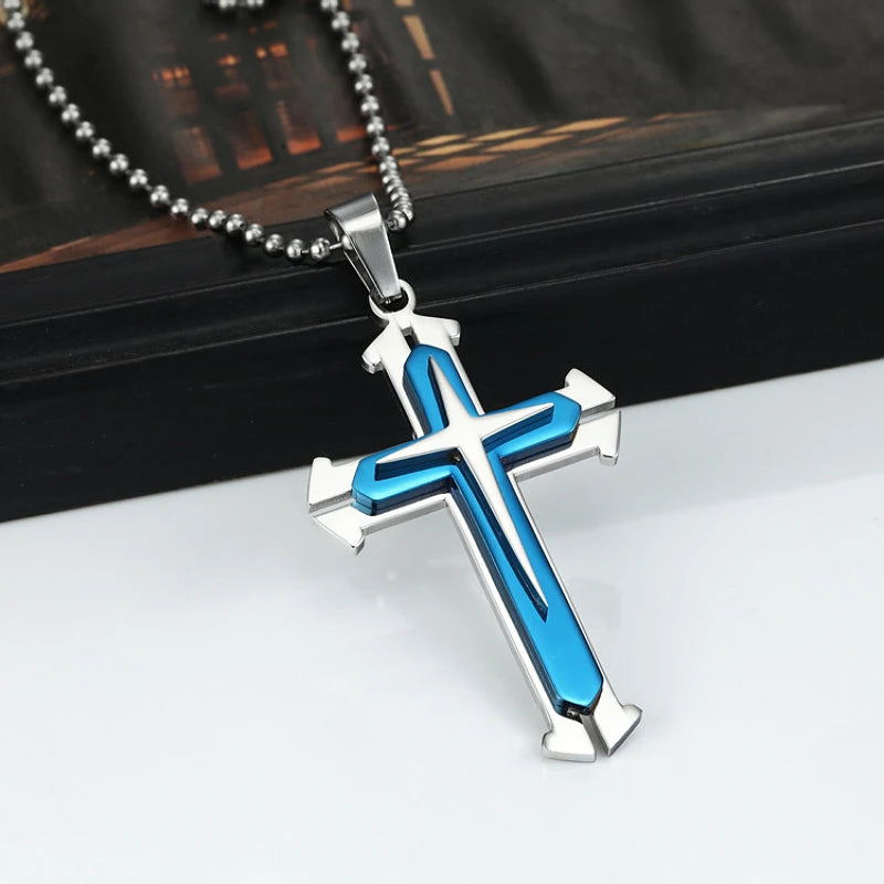 Classic Christian Jesus Three Layer Cross Necklace Men's Fashion Personality Lucky Rune Cross Pendant Exquisite Gift