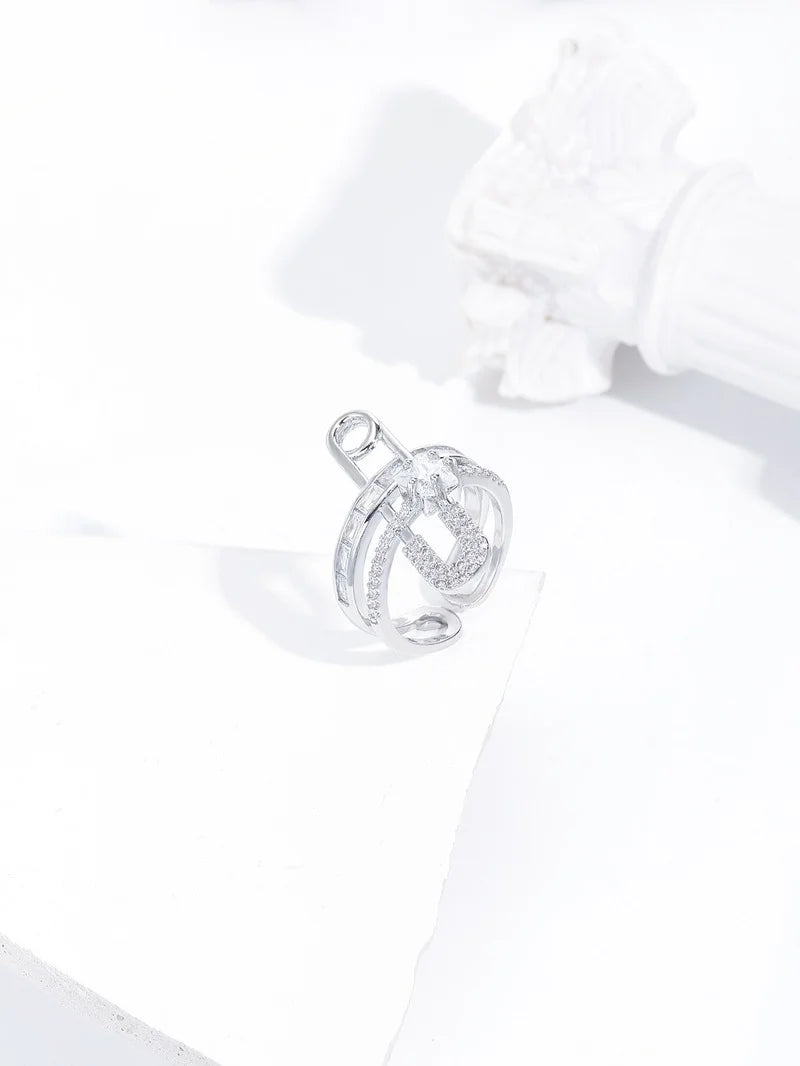 Classic Fashion Paper Clip Zircon Ring Female Exquisite Open Adjustable Metal Index Finger Ring Jewelry