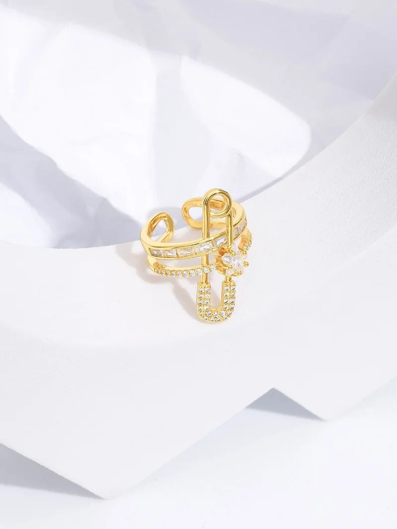 Classic Fashion Paper Clip Zircon Ring Female Exquisite Open Adjustable Metal Index Finger Ring Jewelry