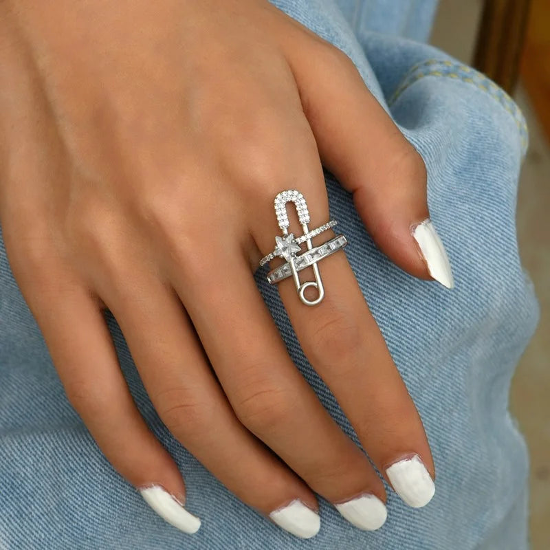 Classic Fashion Paper Clip Zircon Ring Female Exquisite Open Adjustable Metal Index Finger Ring Jewelry