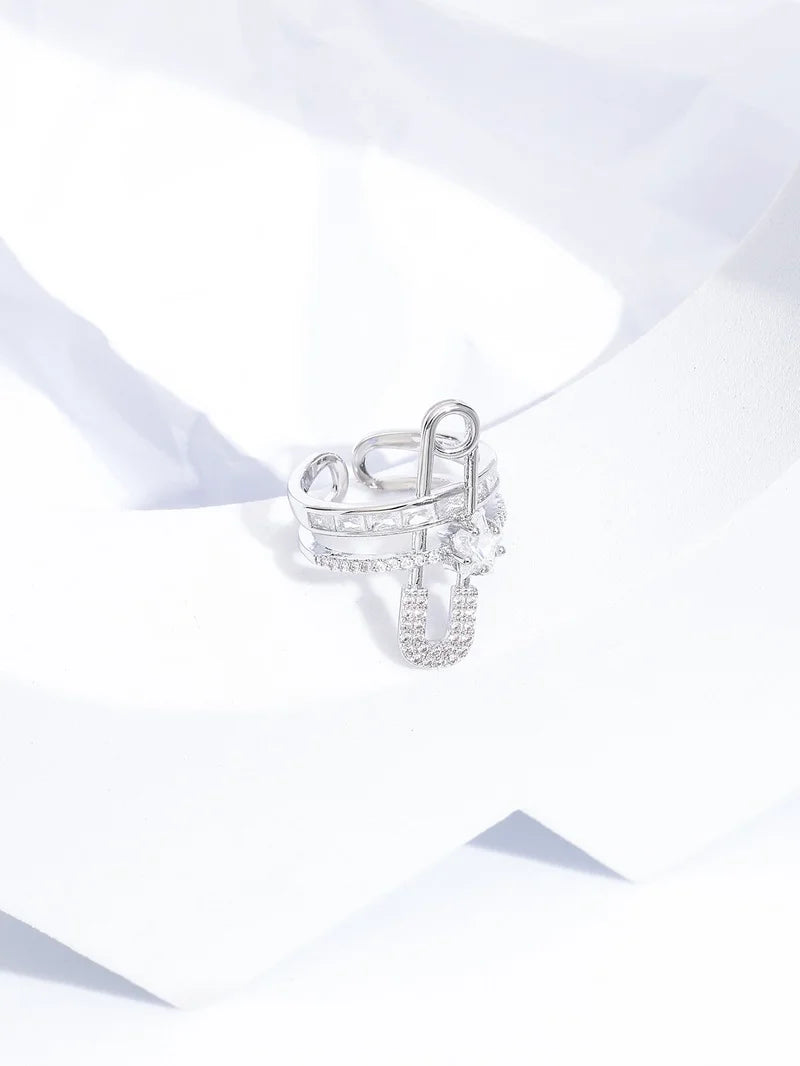 Classic Fashion Paper Clip Zircon Ring Female Exquisite Open Adjustable Metal Index Finger Ring Jewelry