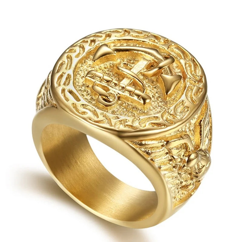 Classic Vintage Gold Plated Battleship Anchor Ring Men Travel Nautical Accessories Father's Day Gift