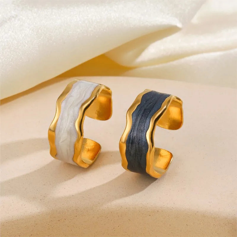 ENSHIR 316L Stainless Steel Black White Drip Ring for Women Vintage Adjustable Party Jewelry Accessory