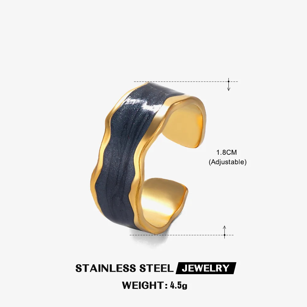 ENSHIR 316L Stainless Steel Black White Drip Ring for Women Vintage Adjustable Party Jewelry Accessory