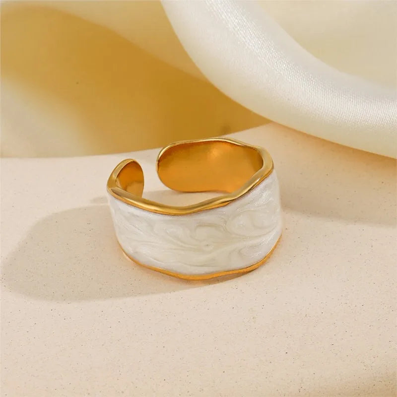 ENSHIR 316L Stainless Steel Black White Drip Ring for Women Vintage Adjustable Party Jewelry Accessory