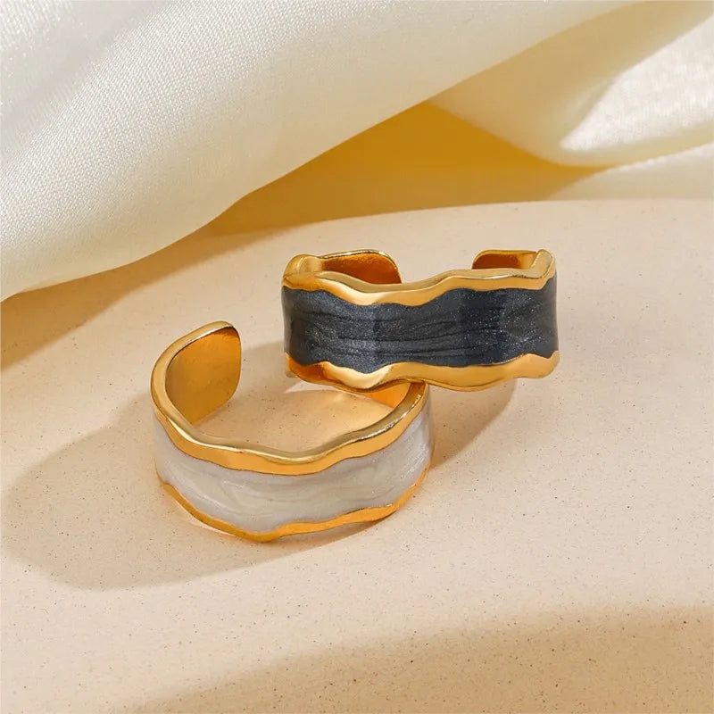 ENSHIR 316L Stainless Steel Black White Drip Ring for Women Vintage Adjustable Party Jewelry Accessory