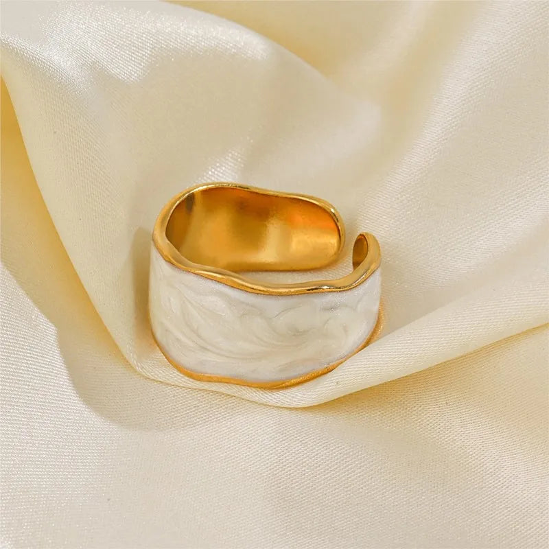 ENSHIR 316L Stainless Steel Black White Drip Ring for Women Vintage Adjustable Party Jewelry Accessory