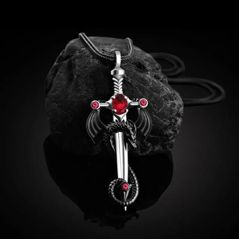 Fashion Men Stainless Steel Dragon Sword Necklace Hip Hop Necklaces for Men Stainless Steel Jewelry Halloween Anniversary Gift