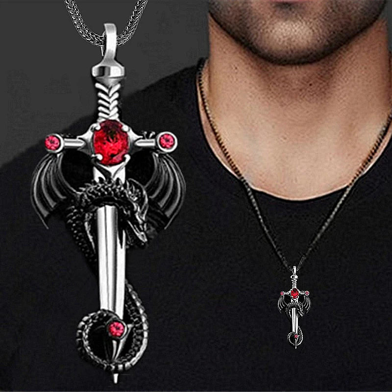 Fashion Men Stainless Steel Dragon Sword Necklace Hip Hop Necklaces for Men Stainless Steel Jewelry Halloween Anniversary Gift