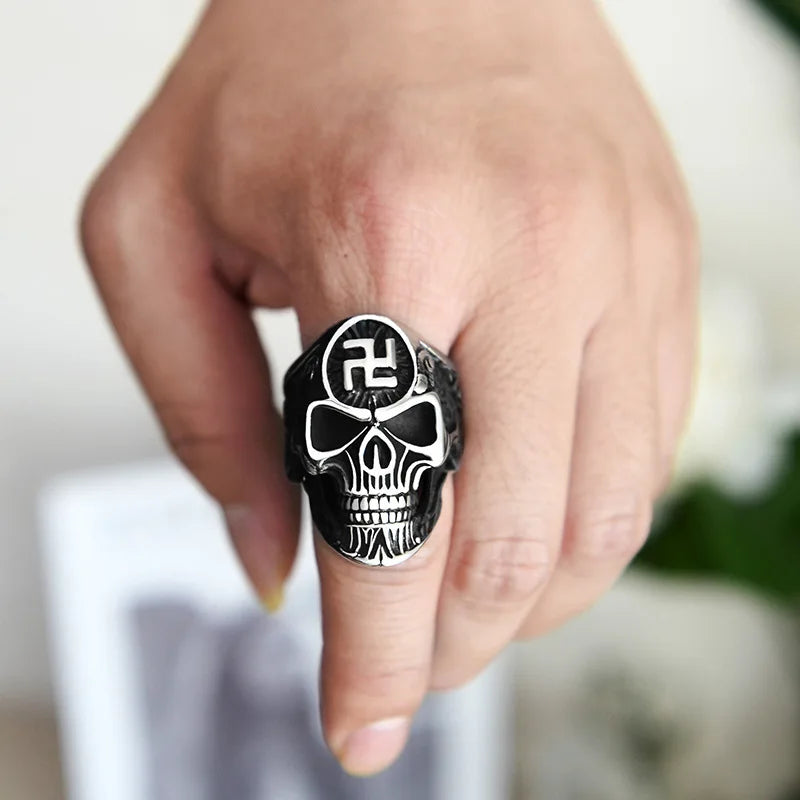 Mf Ghost Punk Doom Swastika Symbol Skull Misika Ring Size 14 Stainless Skeleton Big Rings For Men Svastika Head Of State