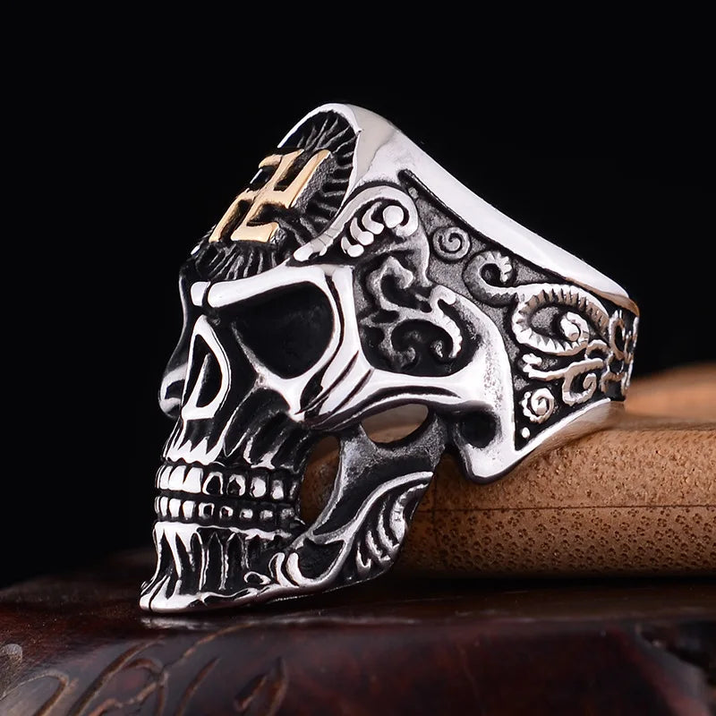 Mf Ghost Punk Doom Swastika Symbol Skull Misika Ring Size 14 Stainless Skeleton Big Rings For Men Svastika Head Of State