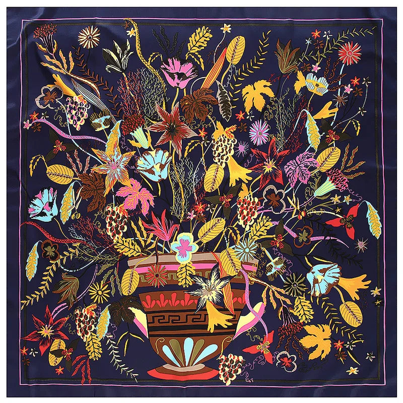 New Brand Hijab Shawl 100% Twill Silk Scarf Color sketch plant flower pot 130cm Square Scarves Print Kerchief WomanHeadbandScarf