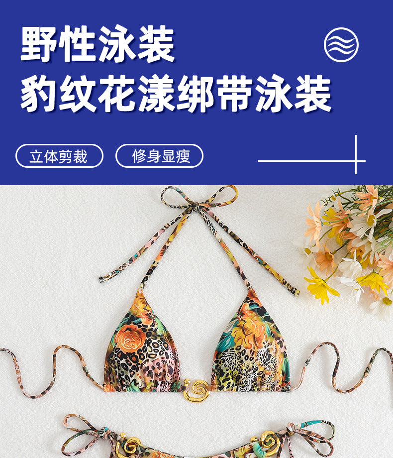 新款跨境豹纹花漾绑带泳装度假比基尼bikini欧美风绑带分体泳衣女
