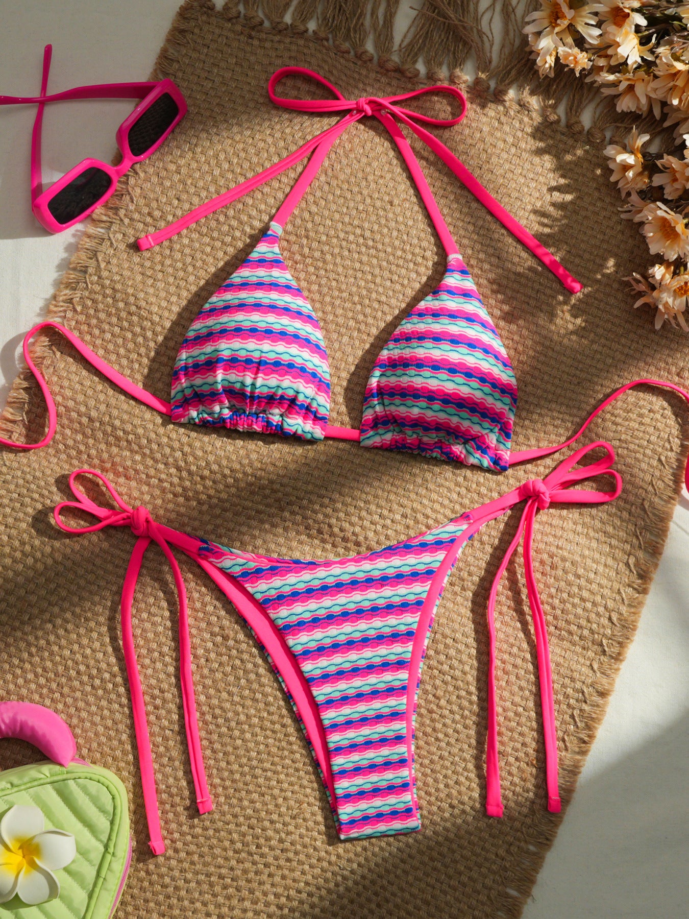 Floral Print Tie Bikini Set - Pastel Patterns & Ruched Tops