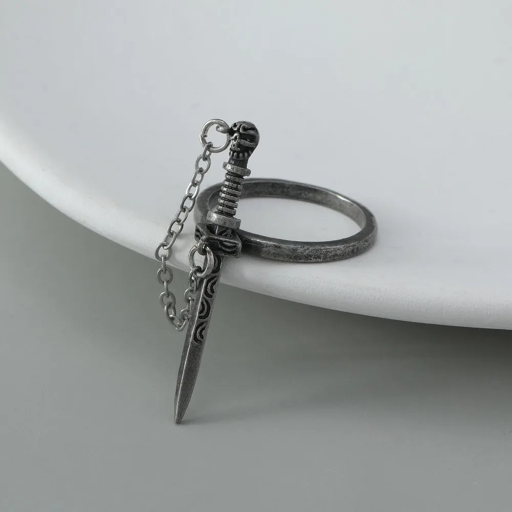 Personality Dark Style Black Cross Sword Rings for Women Vintage Creative Stainless Steel Chain Tassel Ring Hip Hop Rock Jewelry