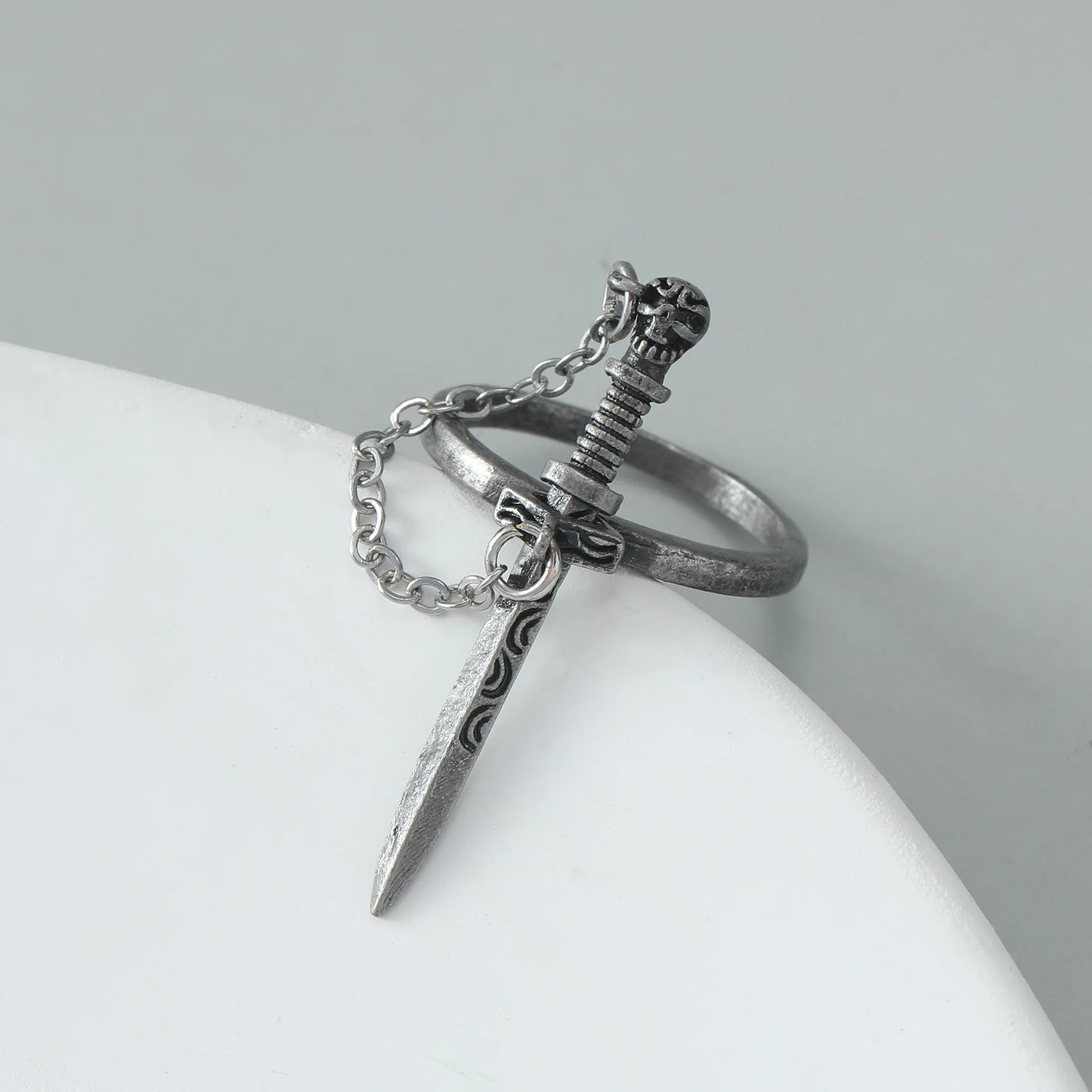 Personality Dark Style Black Cross Sword Rings for Women Vintage Creative Stainless Steel Chain Tassel Ring Hip Hop Rock Jewelry