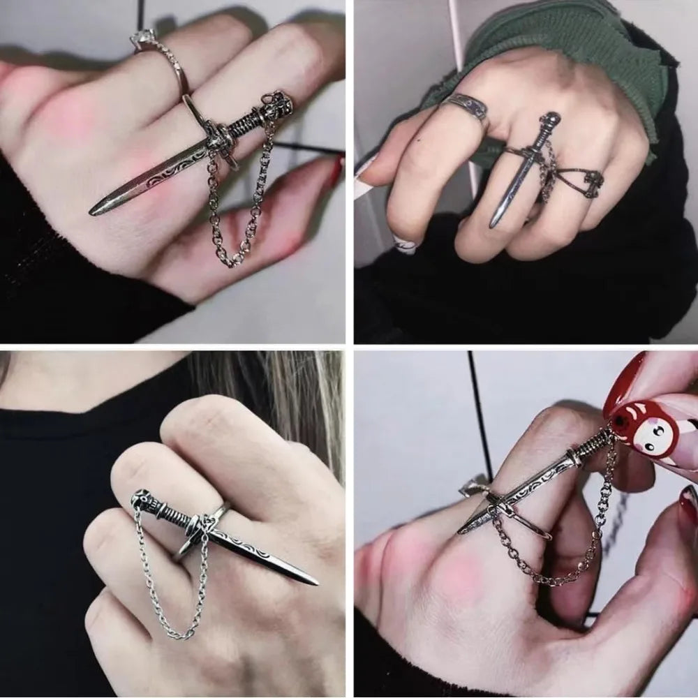 Personality Dark Style Black Cross Sword Rings for Women Vintage Creative Stainless Steel Chain Tassel Ring Hip Hop Rock Jewelry