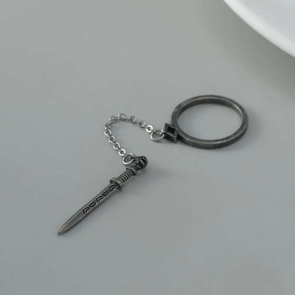 Personality Dark Style Black Cross Sword Rings for Women Vintage Creative Stainless Steel Chain Tassel Ring Hip Hop Rock Jewelry