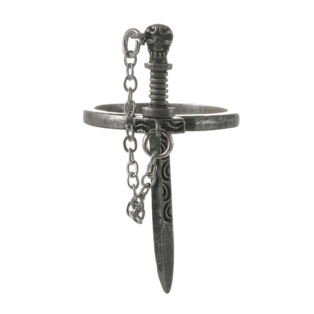 Personality Dark Style Black Cross Sword Rings for Women Vintage Creative Stainless Steel Chain Tassel Ring Hip Hop Rock Jewelry