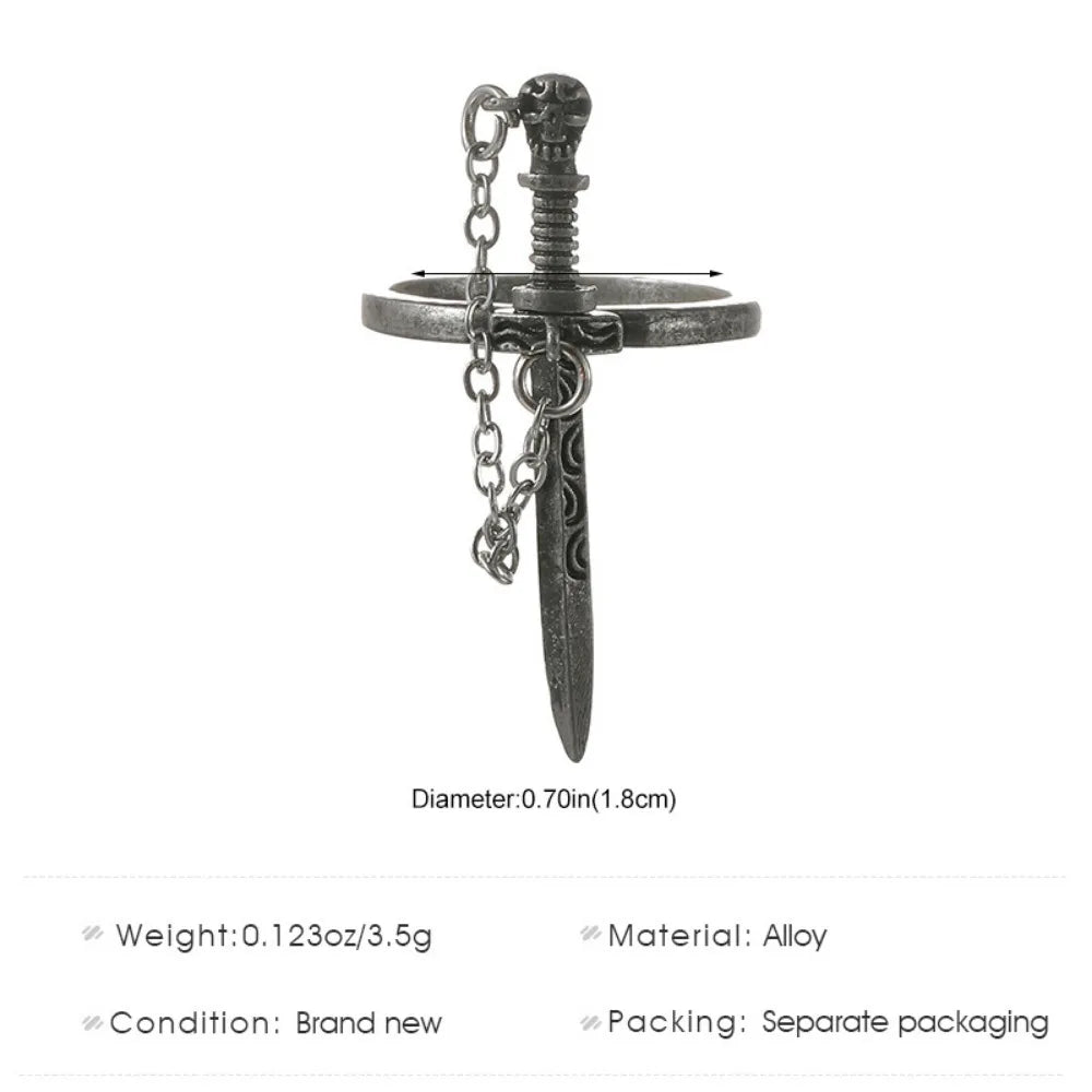 Personality Dark Style Black Cross Sword Rings for Women Vintage Creative Stainless Steel Chain Tassel Ring Hip Hop Rock Jewelry