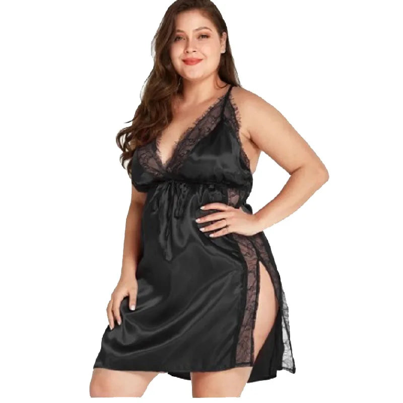 Plus Size Ladies Lace Sexy Sling Nightdress Women's Sexy Lingerie Satin Sleepwear Night Dress V-neck Nightgown V-neck Nightwear