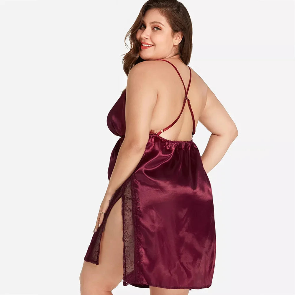 Plus Size Ladies Lace Sexy Sling Nightdress Women's Sexy Lingerie Satin Sleepwear Night Dress V-neck Nightgown V-neck Nightwear