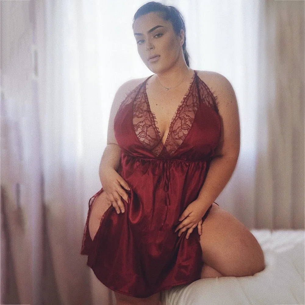 Plus Size Ladies Lace Sexy Sling Nightdress Women's Sexy Lingerie Satin Sleepwear Night Dress V-neck Nightgown V-neck Nightwear